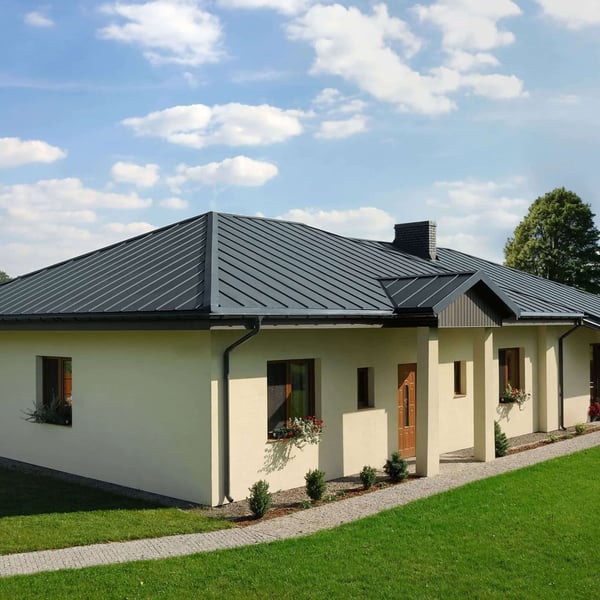 Felsplaten PD-510-S Micro Pelsgrijs op een bungalowdak met dakgoot en regenpijp