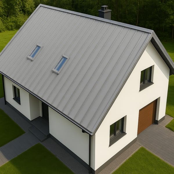 Bovenaanzicht van een eengezinswoning met felsplaat PD-510-S Micro Zilver-Metallic dak