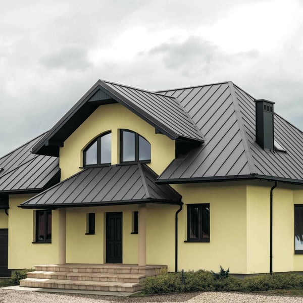 Woonhuis met felsplaat PD-510-S Micro Zilver-Metallic dak en donkere accenten
