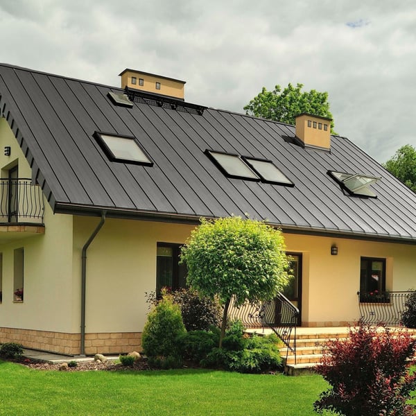 Huis met grijs aluminiumkleurig felsdak PD-510-S Micro, met meerdere dakramen