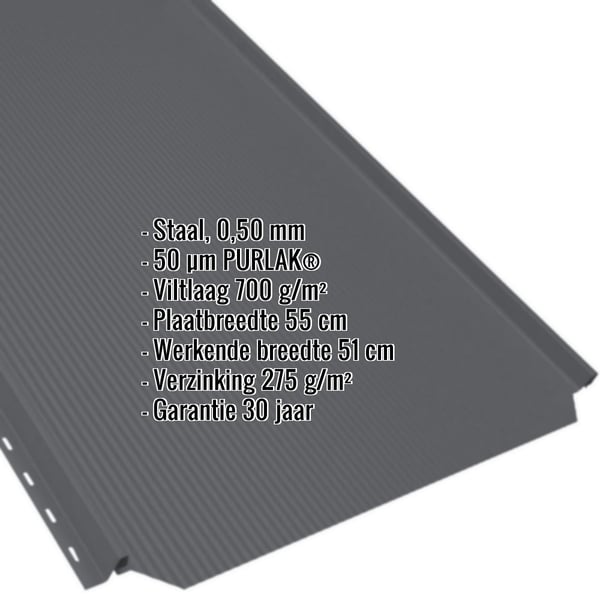 Felsplaat PD-510-S in antracietgrijs, 0,50 mm, met ingebedde productgegevens, infografiek