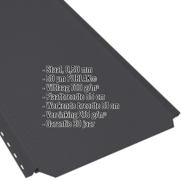 Felsplaat PD-510-S Gitzwart RAL 9005, 0,50 mm staal met PURLAK coating, productinformatie getoond