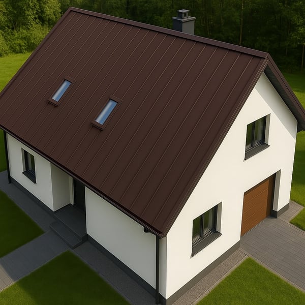 Bovenaanzicht van een huis met felsdakpan PD-510-S in RAL 8017 Chocoladebruin