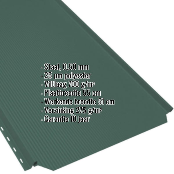 Felsplaat PD-510-S mosgroen, 0,50 mm staal, met ingebedde specificaties