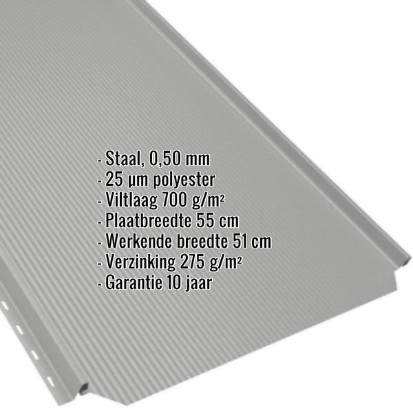 Felsplaat PD-510-S lichtgrijs met productgegevens zoals materiaal, dikte en coating weergegeven