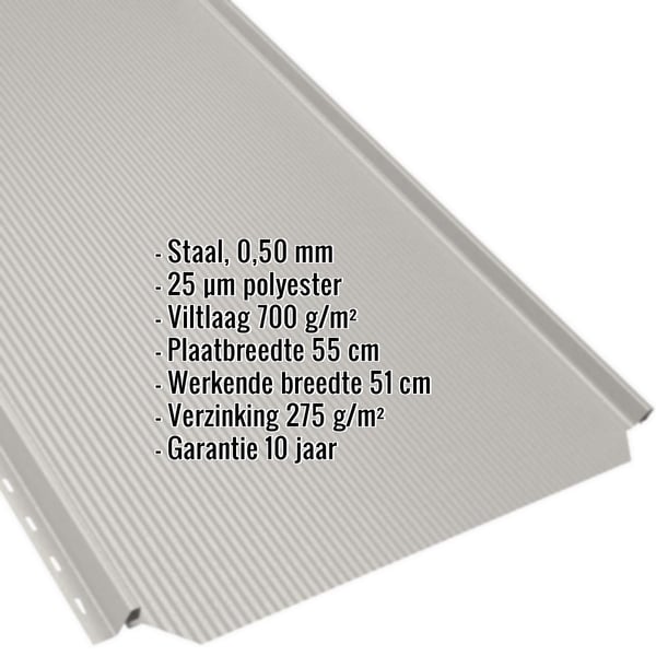 Staande felsplaat PD-510-S Zuiverwit (RAL 9010) met ingebedde productgegevens zoals materiaal, dikte en coating