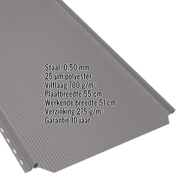 Staande felsplaat PD-510-S in grijs aluminium (RAL9007) met productgegevens, 0,50 mm staal, 25 µm polyester