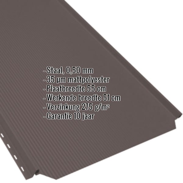 Staande naad dakpaneel PD-510-S in Chocoladebruin, 0,50 mm staal met 35 µm matpolyester coating, infografiek met