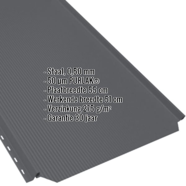 Felsplaat PD-510-S in antracietgrijs, 0,50 mm, met PURLAK-coating, gegevens weergegeven