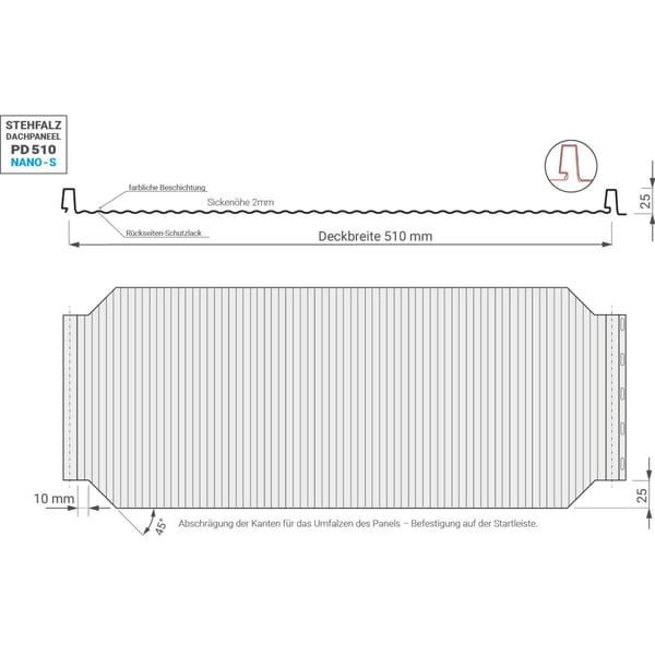 Technische tekening felsplaat PD-510-S met afmetingen, werkende breedte 510 mm en rilhoogte 2 mm