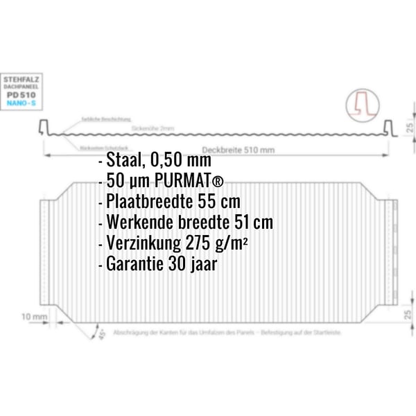 Technische tekening staande naad dakpaneel PD-510-S met specificaties: staal 0,50 mm, 50 µm PURMAT®, plaatbreedte 55 cm,
