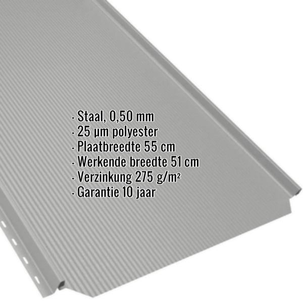 Staande felsplaat PD-510-S Lichtgrijs (RAL 7035) met ingebedde productgegevens zoals materiaal, dikte, coating