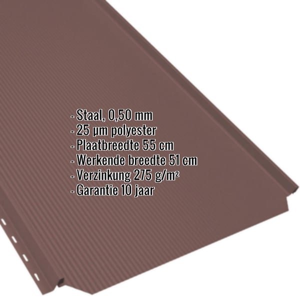 Staande felsplaat PD-510-S roodbruin, 0,50 mm, met ingebedde productgegevens over materiaal, coating en afmetingen