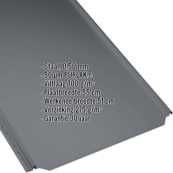 Stehfalzblech PD-510-S Vlak Antracietgrijs met ingebedde gegevens over materiaal, coating en afmetingen