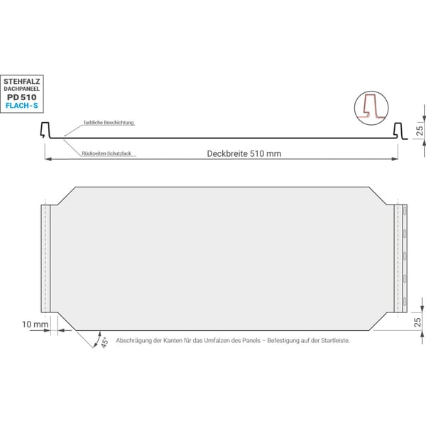 Technische tekening van de Stehfalzblech PD-510-S Vlak met werkende breedte 510 mm en profielhoogte 25 mm