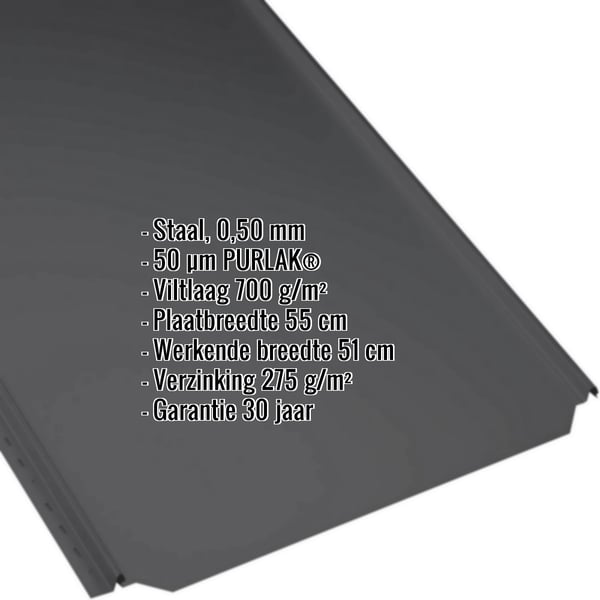 Staande felsplaat PD-510-S Vlak Gitzwart, 0,50 mm, met PURLAK-coating en anticondensvlies, gegevens weergegeven