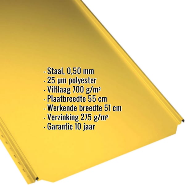 Felsdakpaneel PD-510-S Vlak in Koolzaadgeel, 0,50 mm, met ingebedde productgegevens