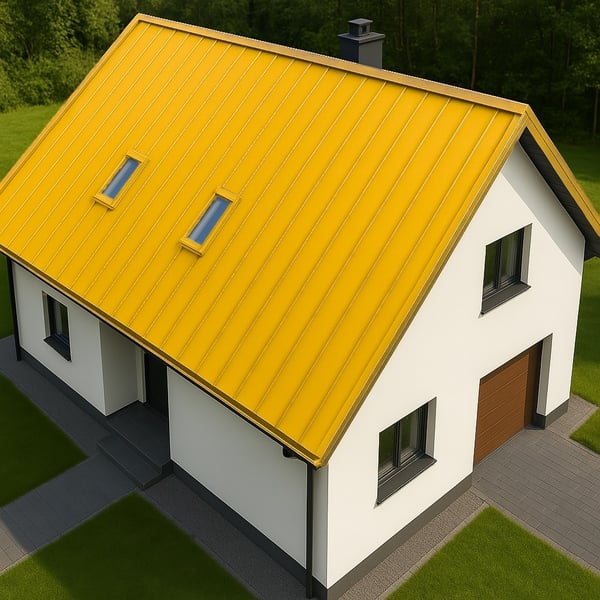 Huis van bovenaf met felsdakpaneel PD-510-S Vlak dak in Koolzaadgeel