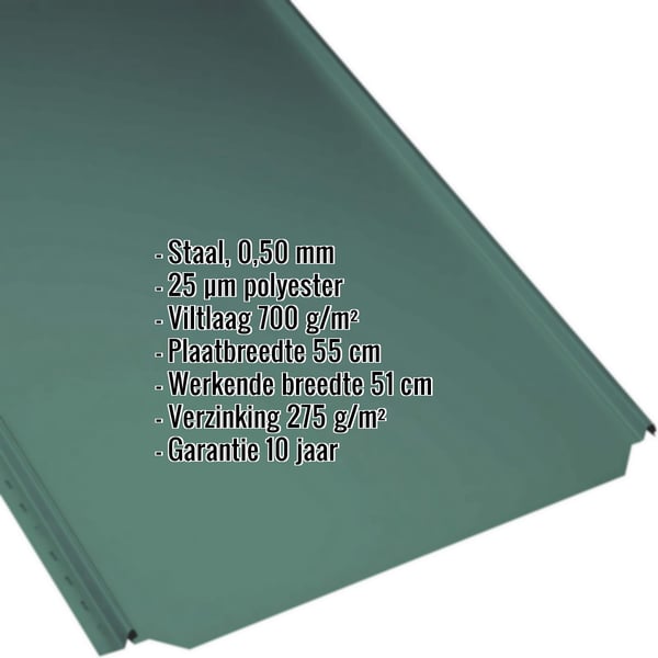 Staande felsplaat PD-510-S Vlak Mosgroen, 0,50 mm, met ingebedde productgegevens over materiaal en coating