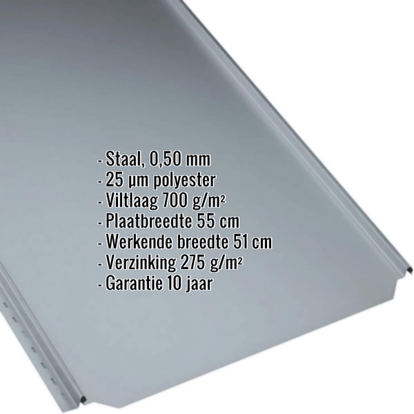 Felsdakpaneel PD-510-S in Pelsgrijs, 0,50 mm dikte, met ingebouwde technische gegevens