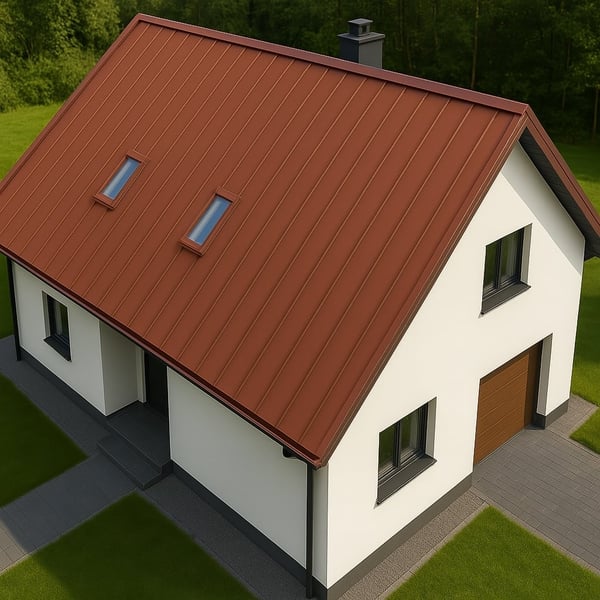 Bovenaanzicht van een huis met felsdakpaneel PD-510-S Vlak Koperbruin dak