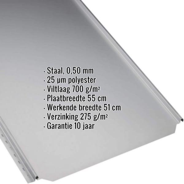 Felsdakpaneel PD-510-S vlak Zilver-Metallic met ingebedde productgegevens zoals materiaal, dikte en coating