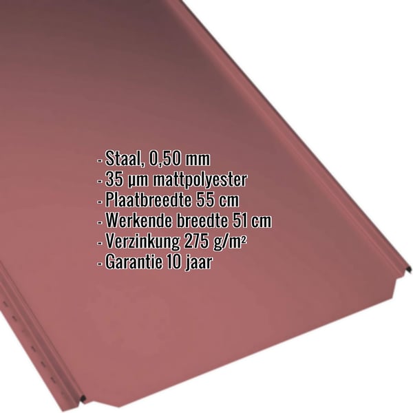 Staande felsplaat PD-510-S in Kersrood, 0,50 mm, met matpolyester coating en ingebedde productgegevens