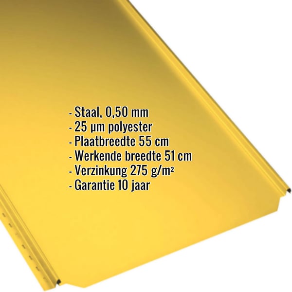 Staande felsplaat PD-510-S vlak, Koolzaadgeel, met ingebedde specificaties over materiaal, dikte en coating