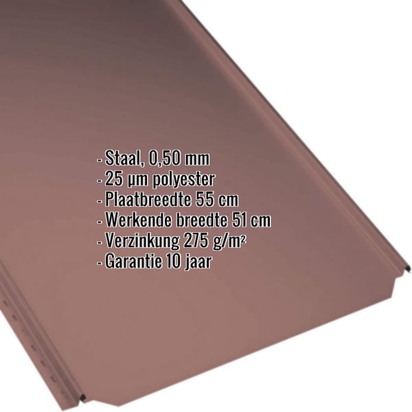 Stehfalzblech PD-510-S vlak, Roodbruin (RAL 8012), met ingebedde productgegevens zoals materiaal en dikte