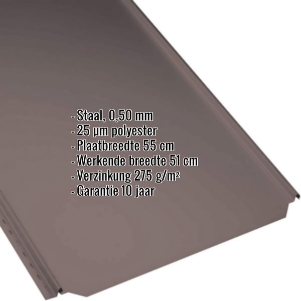 Stehfalzblech PD-510-S Vlak, Chocoladebruin RAL 8017, met ingebedde productgegevens