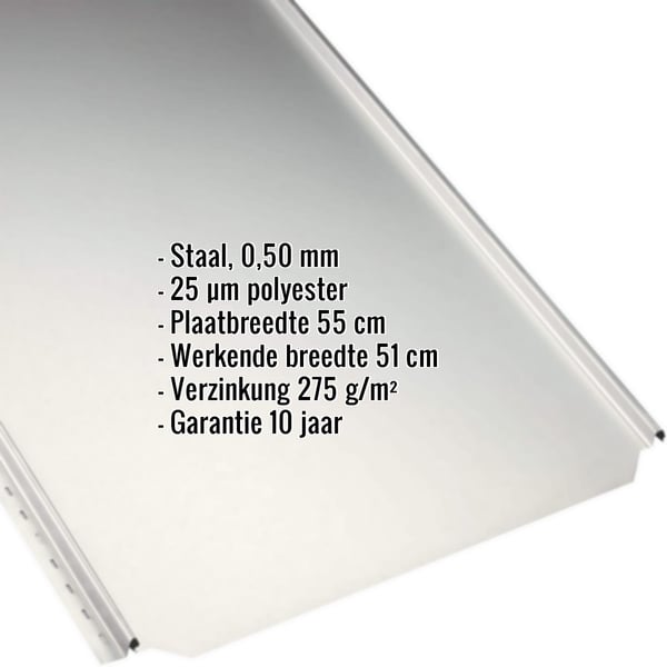 Felsdakpaneel PD-510-S Vlak, Grijswit (RAL 9002), met ingebedde specificaties voor materiaal, dikte en garantie