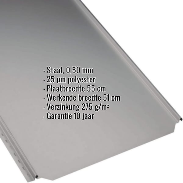 Staande felsplaat PD-510-S vlak, grijs aluminiumkleurig, met ingebedde productgegevens over materiaal, dikte en coating