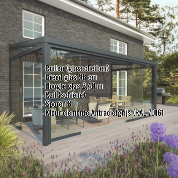 Glazen schuifdeuren voorkant RAL 7016, breedte 7,80 m, met ingebouwde gegevens over glasbreedte, hoogte en kleur