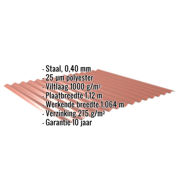 Golfplaat 18/1064 koperbruin met ingebouwde specificaties voor materiaal, dikte en coating