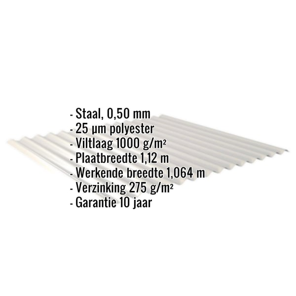 Golfplaat 18/1064 Zilver-Metallic met ingebedde specificaties voor materiaal, dikte, coating en afmetingen