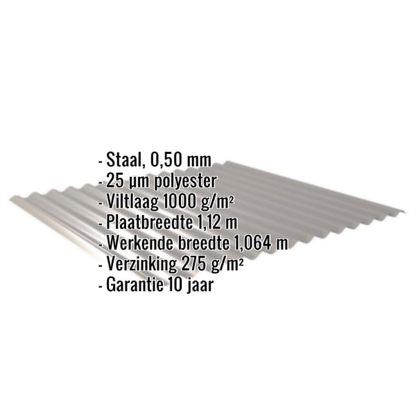 Golfplaat 18/1064, grijs aluminiumkleurig, met ingebedde specificaties voor materiaal, dikte en coating