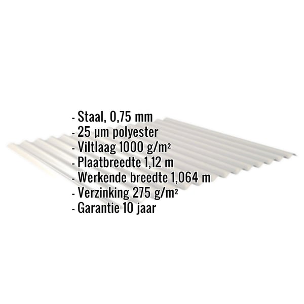 Golfplaat 18/1064, Zilver-Metallic, met ingebedde specificaties voor materiaal, dikte, coating en garantie