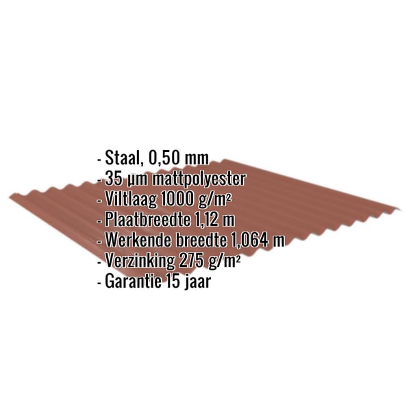 Golfplaat 18/1064 Terracotta met ingebedde technische gegevens zoals materiaal, dikte en coating