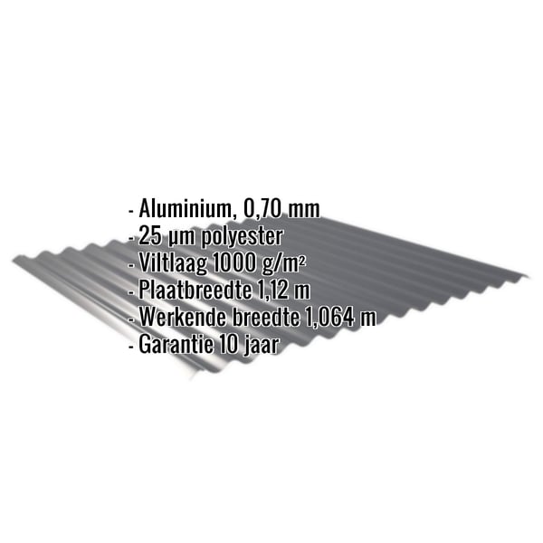 Golfplaat 18/1064 Antracietgrijs met ingebedde specificaties: aluminium 0,70 mm, 25 µm polyester, viltlaag 1000 g/m²