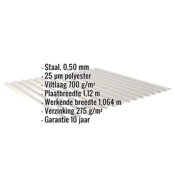 Golfplaat 18/1064 lichtgrijs met anticondensvlies, productgegevens zoals materiaal, dikte, coating getoond