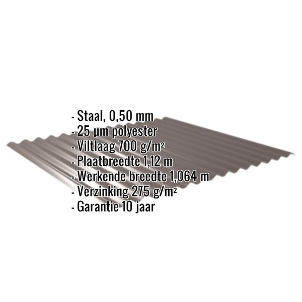 Golfplaat 18/1064 Sepiabruin met ingebouwde gegevens: staal, 0,50 mm, 25 µm polyester, viltlaag 700 g/m²