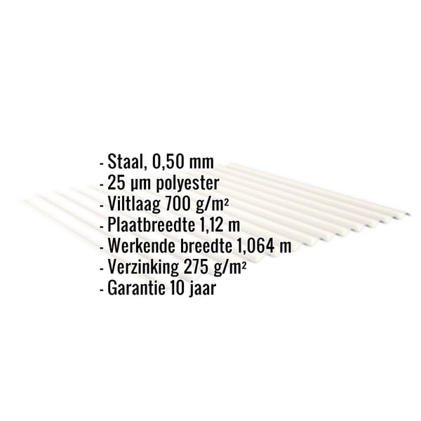 Golfplaat 18/1064 in Zuiverwit (RAL 9010) met ingebedde gegevens over materiaal, dikte en coating