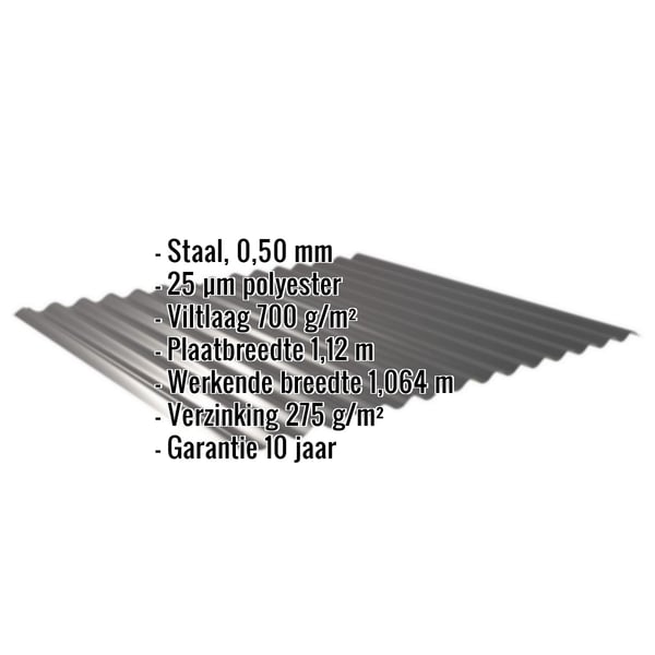 Golfplaat 18/1064 Gitzwart met ingebedde gegevens over materiaal, dikte, coating en garantie