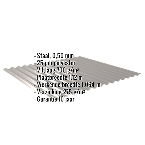 Golfplaat 18/1064, grijs aluminiumkleurig, met technische gegevens en anticondensvlies