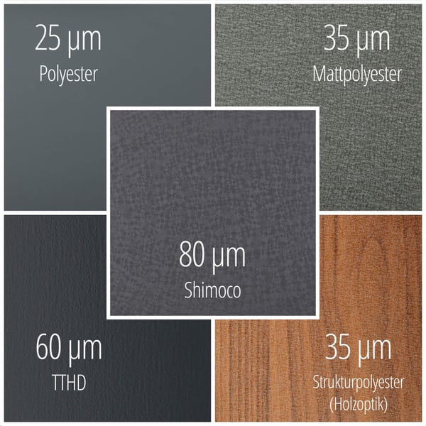 Kleur- en oppervlaktemonsters van coatings, waaronder 25 µm polyester