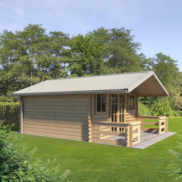 Golfplaat 18/1064 Grijswit als dak op een tuinhuis met kleine veranda