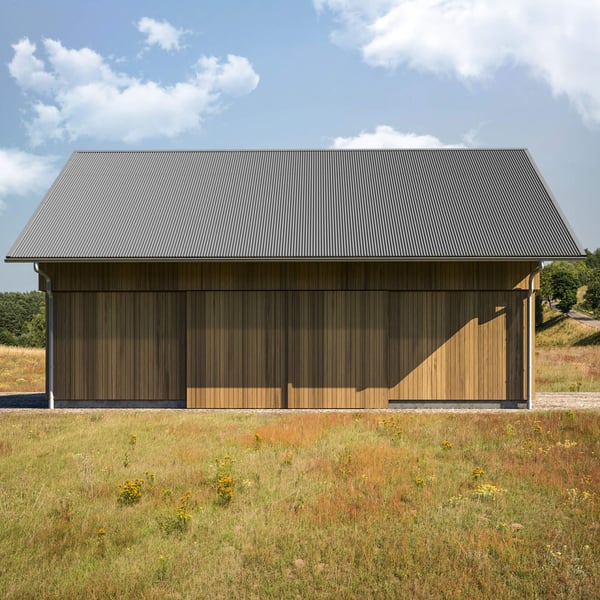 Golfplaat 18/1064 Zilver-Metallic als dakbedekking op een houten schuur in landelijke omgeving