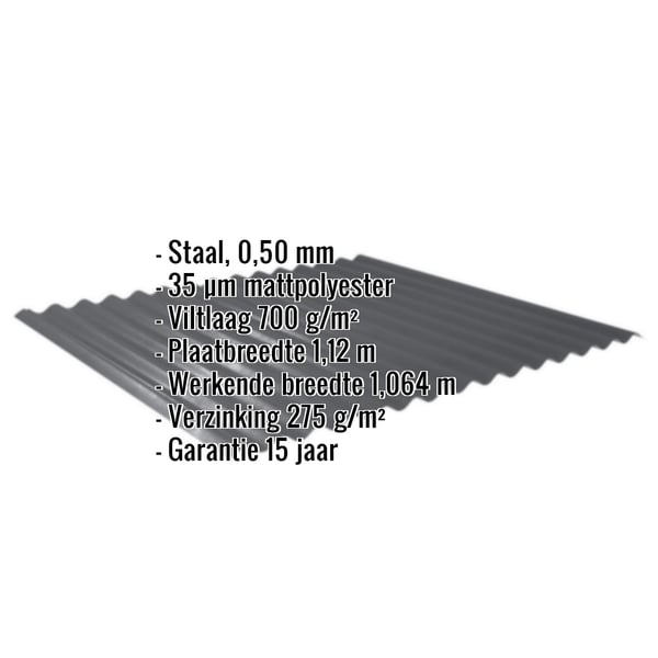 Golfplaat 18/1064 donkergrijs met ingebedde specificaties voor materiaal, dikte en coating