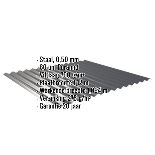 Golfplaat 18/1064 Antracietgrijs met ingebedde specificaties voor materiaal, dikte en coating