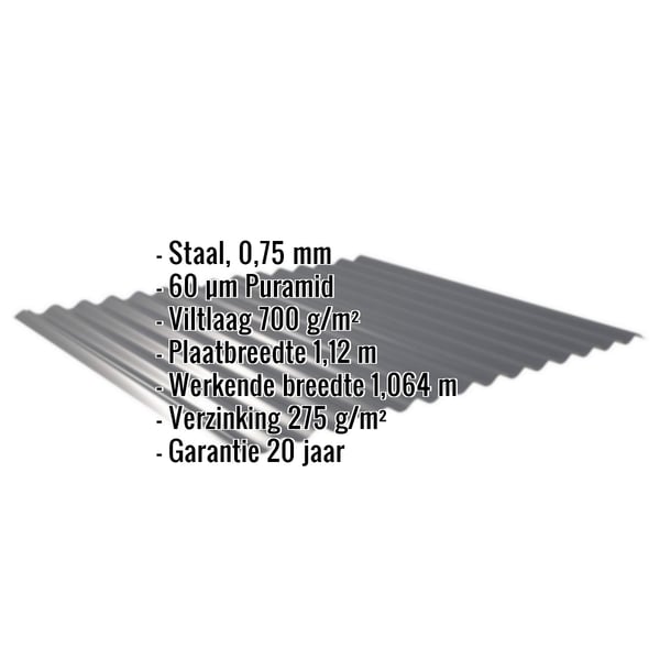 Golfplaat 18/1064 Antracietgrijs met ingebedde specificaties voor materiaal, dikte en coating, infografiek